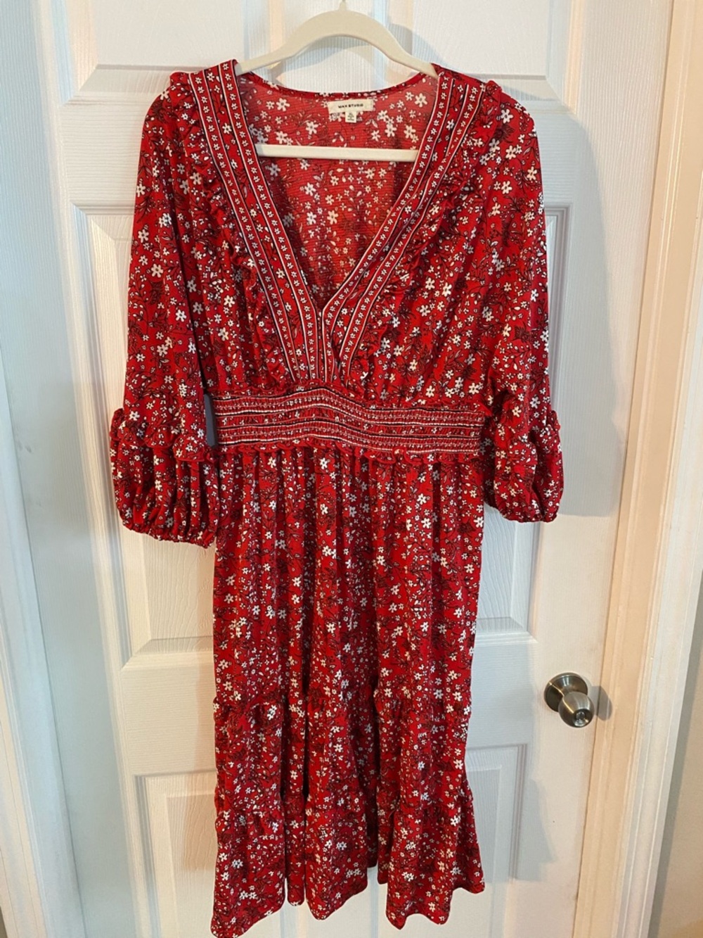 Max Studio Red Floral V-Neck Tiered Midi Dress